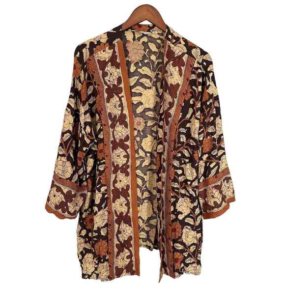 Soft Surroundings Sweaters - Soft Surroundings Open Front Lightweight Cardigan Kimono Brown Cream Floral